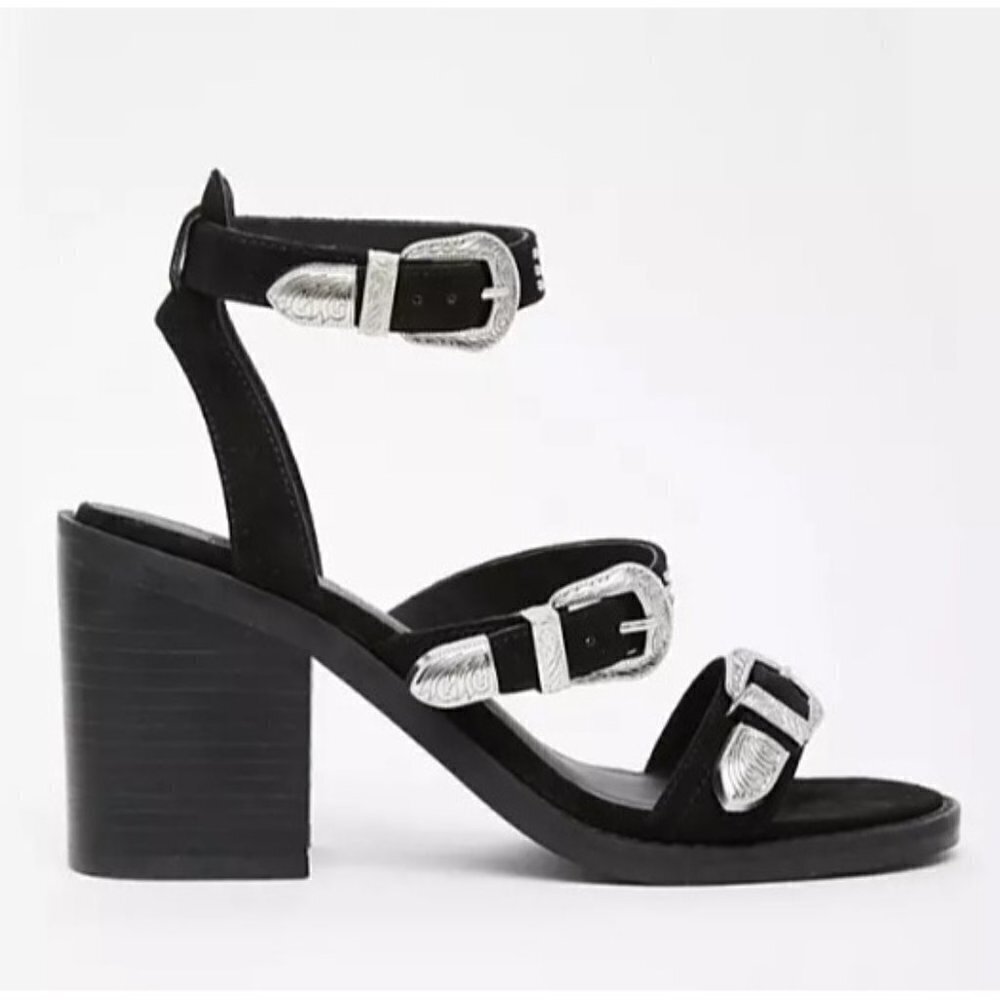ASOS Western Studded Open Toe Strappy Chunky Heels Womens Size 7 Black Silver‎